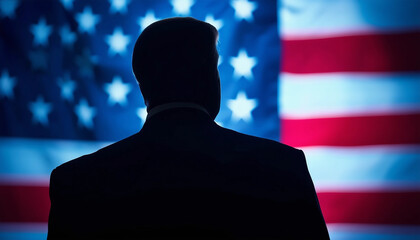 Wall Mural - silhouette of a U.S. senator speaking at a press conference in front of the flag of the United State
