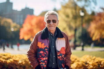 Sticker - Portrait of a glad man in his 80s wearing a trendy bomber jacket isolated on vibrant city park