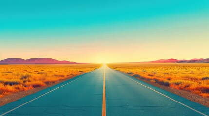 Empty asphalt road leading to the rising sun in a desert