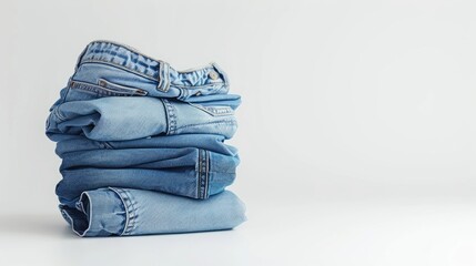 Canvas Print - Blue jeans stack on white background with copy space