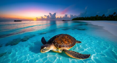 Wall Mural - Beautiful sea at sunset with a large turtle