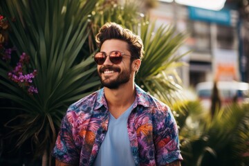 Wall Mural - Portrait of a tender man in his 20s wearing a trendy sunglasses in front of vibrant city park