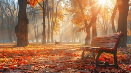 Canvas Print - Autumnal Park Bench with Sunlight and Fog