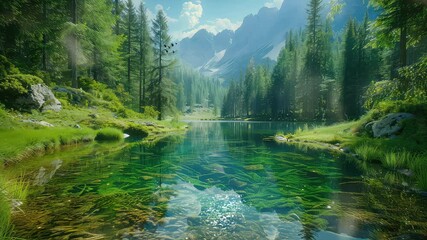 Wall Mural - animation picturesque alpine lake with crystal clear waters and mountains generated with ai