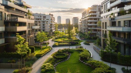 Generate a photo realistic image of urban green design principles being applied in new developments; ensure the image is of high resolution for clear and detailed quality