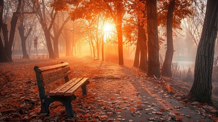 Poster - Golden Autumn Pathway in a Misty Park