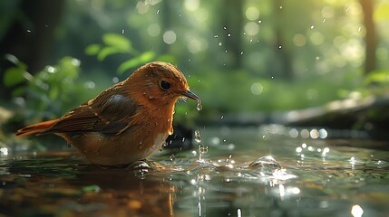 Wall Mural - A crisp and detailed photo of a Goldeeg bird drinking water from a crystal-clear stream in a serene forest. 