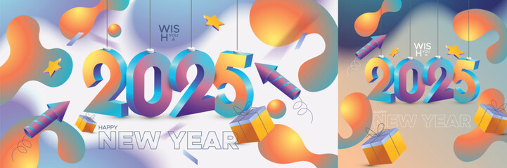 Wall Mural - 2025 new year celebration with 3D number on liquid background concept. 2025 new year celebration modern template