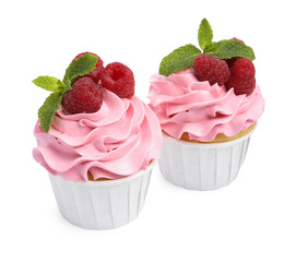 Wall Mural - Tasty cupcakes with raspberries and mint isolated on white