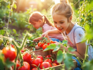 Two young girls harvesting ripe tomatoes in a lush garden on a sunny day, showcasing the joy of gardening and fresh produce.