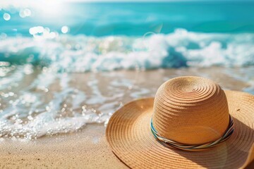 Wall Mural - Sunlit straw hat on a sandy beach by the ocean waves