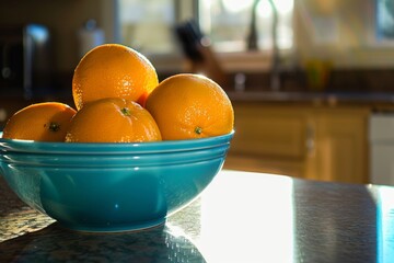 Wall Mural - Fresh oranges in blue bowl on kitchen countertop