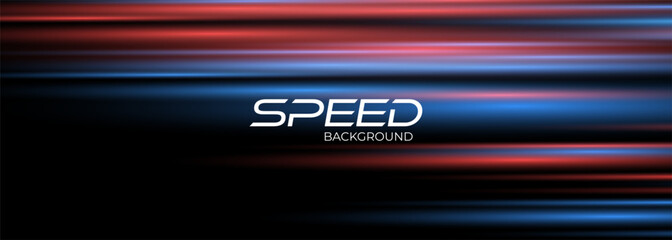 Wall Mural - Blue and red high-speed background. Movement light trails effect on black abstract background. Wide technology banner with glowing blue and red light motion effect. Vector illustration