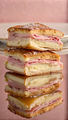 reflective shot of a monte cristo sandwich on a glossy table