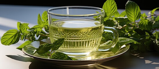 Canvas Print - A cup of hot tea with fresh leaves in a transparent glass on a white background