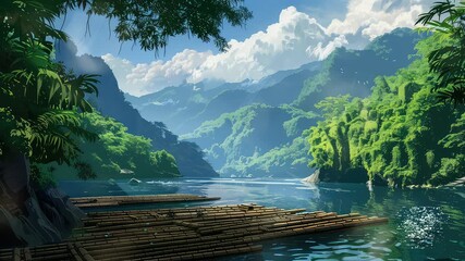 Wall Mural - animation tranquil river landscape with bamboo raft generated with ai