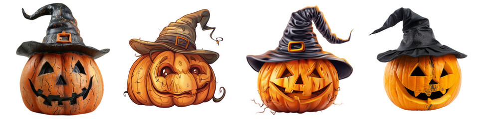 Collection of cute halloween pumpkins with witch hat isolated on transparent or white background