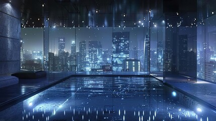 Sticker - Night City Pool with View of Skyline 3D Illustration