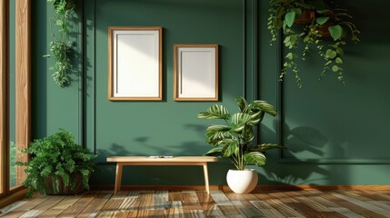 Poster - Furniture with plants and empty frames by a green wall