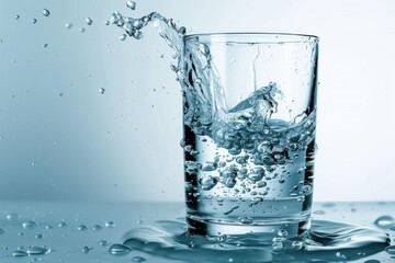 water splashing out of glass creating bubbles on blue background