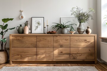  Large Oak Sideboard with Three Doors and Two Drawers in Elegant Home Interior, Showcasing Natural Wood Grain, Surrounded by Decorative Items on a Wooden Floor, Illuminated by Nearby Window