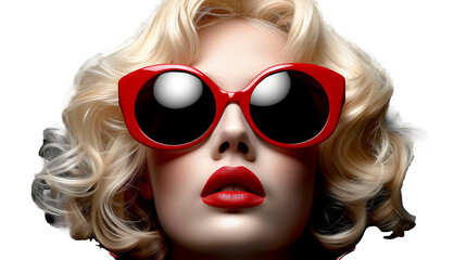 Wall Mural - Close Up Portrait of Woman With Blonde Hair Wearing Red Sunglasses