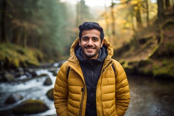 Poster - Portrait of a joyful indian man in his 30s donning a durable down jacket while standing against tranquil forest stream