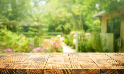 Real photographs of wood table top on blur bokeh green leaf  garden with house background.