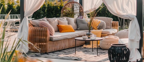 Poster - A patio with a wicker couch, pillows, and a coffee table. The patio is decorated with plants and has a cozy, inviting atmosphere