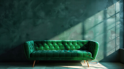 Dark background room with a vibrant green modern couch, stylish and minimalistic