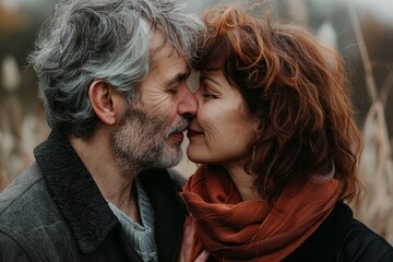 Wall Mural - Portrait of a content couple in their 40s kissing