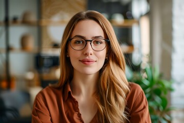 Wall Mural - A woman with long blonde hair and glasses is smiling for the camera. She is wearing a brown shirt and is sitting in front of a plant