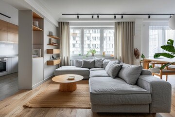 Wall Mural - Interior of modern living room with grey sofa, coffee table and coffee table