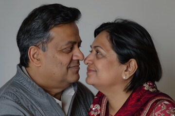 Wall Mural - Portrait of a satisfied indian couple in their 40s looking into each other's eyes