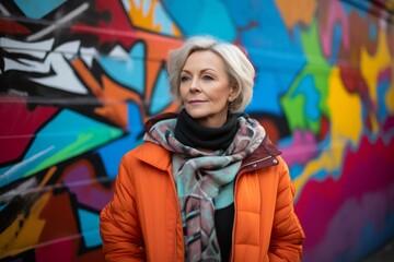 Wall Mural - Portrait of a glad woman in her 50s wearing a trendy bomber jacket in vibrant graffiti wall