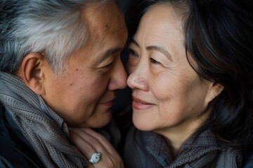 Wall Mural - Portrait of a blissful asian couple in their 40s looking into each other's eyes