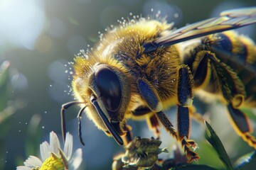 Wall Mural - Close up macro image of a honey bee gathering pollen on a small white wildflower