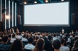 © tiena - People in modern conference hall with a blank big screen for presentation. AI generative
