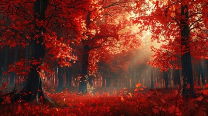 Poster - Enchanted Autumn Forest Path Glowing in Vibrant Red Hues