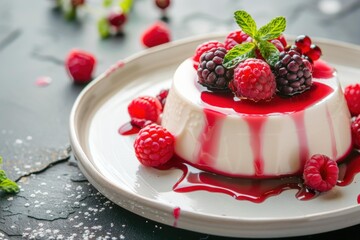 Wall Mural - White panna cotta is presented on a plate, topped with fresh berries and mint, as raspberry sauce is drizzled over it