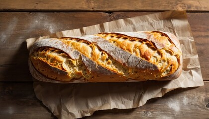 wholemeal bread loaf viewed from above, warm golden hues, rustic crust, clean wooden surface with ample free space in the center for adding text