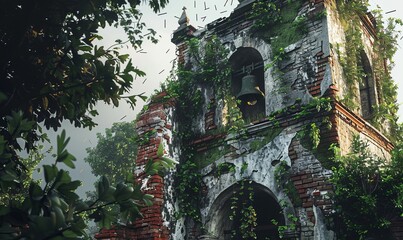 Ruined church bell tower with crumbling bricks and overgrown ivy, a beacon of forgotten faith