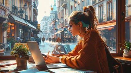 Wall Mural - A remote worker participating in a virtual meeting from a stylish cafÃ© in a European city, with a mix of modern and traditional architecture outside.