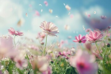 Wall Mural - Field of pink cosmos flowers swaying in the wind with petals flying through the air on a sunny day