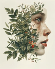 Wall Mural - woman with botanical illustration anatomical on face