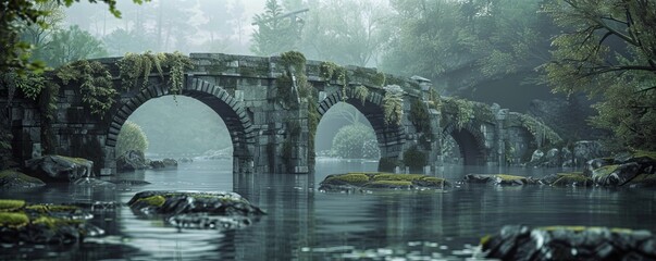 Wall Mural - Ancient stone bridge with arches, 4K hyperrealistic photo