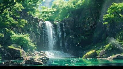 Wall Mural - animation calm waterfall in lush green forest painting generated with ai