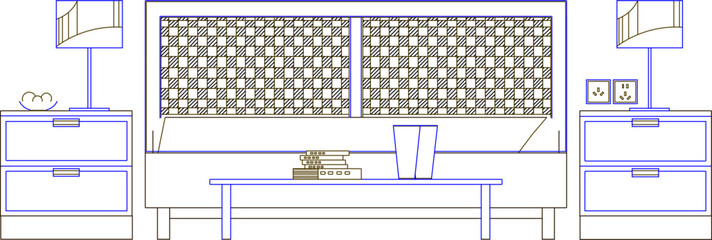 Wall Mural - Vector silhouette illustration sketch of detailed architectural design of living room furniture interior with guest sofa table and chairs