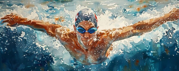 A watercolor painting of a swimmer breaking through the water's surface, their arms outstretched in victory.