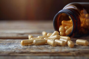 Wall Mural - Probiotic capsules spilling out of a bottle onto a wooden table, detailed view showing the texture and labeling, Portrait close-up, hyper-realistic, high detail, photorealistic, studio lighting